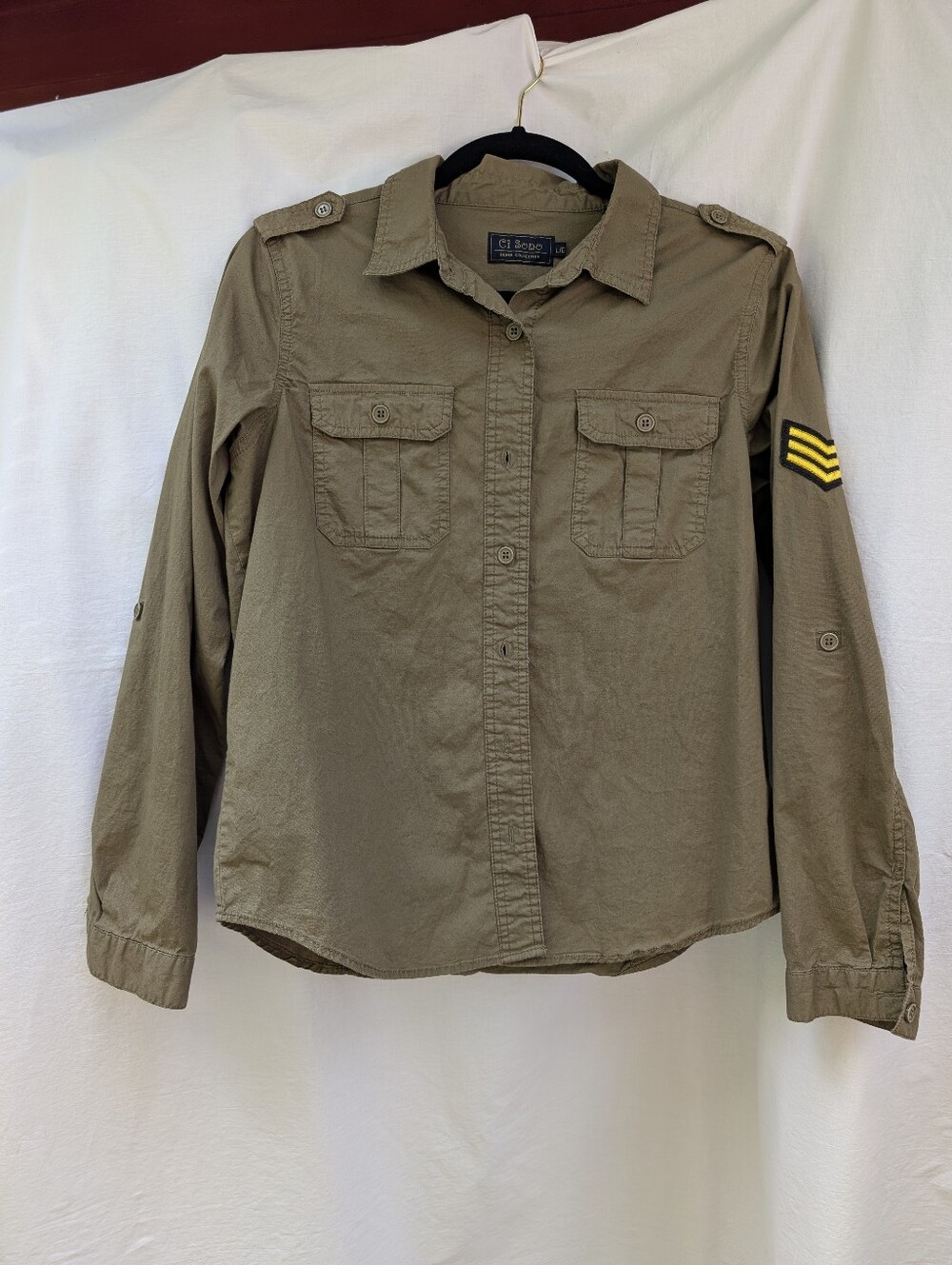 Ci Sono Cotton Military Style Long Sleeve Button Down Olive Green Sz L
